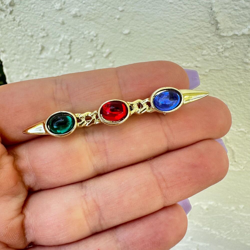 Vintage Jewelry Jewel Gold Tone Bar Brooch Gemstone Pin